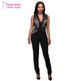 High Quality Women Bodycon Long Black Nude Lace Jumpsuit