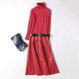 New Women's Fashion Knitwear and The Middle Length Imitation Leather Skirt