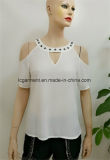 Top Selling Short Sleeve Wrinkle Chiffon Woman Sexy Transparent Tops with Beaded