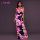 Santiaga Navy-Blue Pink Floral Print Long Party Dress L51427