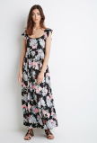 Fashion Women Flutter Cap Sleeve Allover Flower Printing Maxi Dress