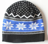 Factory Produce Customized Design Jacquard Blue Knitted Acrylic Cuff Beanie Cap