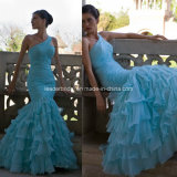 One Shoulder Blue Chiffon Tiered Prom Ladies Gowns Evening Dresses Y2024