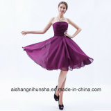Purple Strapless Knee Length Chiffon Bridesmaid Dress with Ruched Bodice