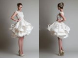 White Ivory Lace Organza Knee Length Wedding Dress W776
