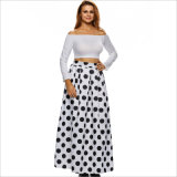 Polka Dots Floral High-Waist Elastic Pleated Fashion A-Line Long Skirt