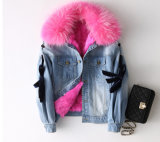 Womens Winter Denim Parka Jacket with Detachable Real Fur