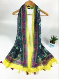 New Style 100%Cotton Voile Yellow Edge Print with Fringed Fashion Long Scarf