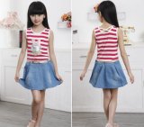 Girl's Summer Dress/Children Striped Denim Skirt/ Vest Skirt