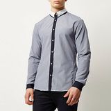 Navy Smart Contrast Placket Men Long Sleeve Shirt