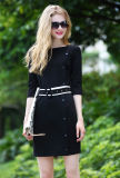 Women Side Single-Breasted Fashion Black Dress with Belt