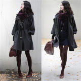 Korean Style Women Heated Grey Long Outwear Coat with Hood