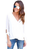 Womens V Neck Ruched Tie Sleeve Top