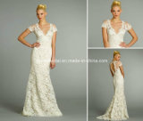 Cap Sleeves Alencon Lace Custom Muslim Bridal Wedding Dress (W52218)
