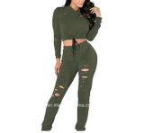 Long Sleeve Hole Hooded Top with Pants 2 Piece Sport Sets Tracksuit