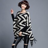 Women Fashion Wave Pattern Cotton Nylon Knitted Fringe Poncho (YKY2052)