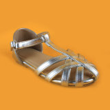 Women Silver Ankel Strap Low Heel Flats Shoes Sandals for Lady