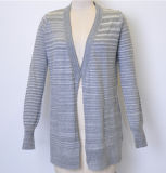 100%Cotton New Striped Long Women Knit Open Cardigan