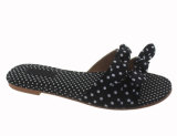 Black Floral-Print Silk Fabric Satin Bow Flat Slide Shoes