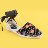 Ladies Balck Embroidery Ankel Tie Flats Sandals Espadrilles