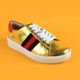 2017 Fancy Flat Lace up Gold Ladies Casual Sneaker Shoes