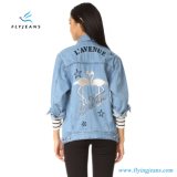 Long Denim Women Jacket with Embroidered Flamingo Graphic