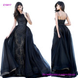 Noble High Neck Fitted Lace Appliqued Eveing Dress with Tulle Over Skirt