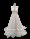 Aolanes Champagne Tulle Illusion See Through Wedding Dress