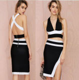 Black and White V-Necked Vent Ladies Bandage Short Dress