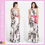 Elegant Women Halter Chiffon Print Floral Long Dress with Belt