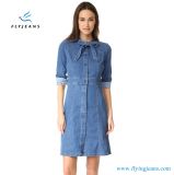 Classic Women Overall Style Denim Dress with Long Ssleeves and Medium Wash