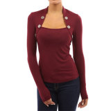 Women Long Sleeve Undershirt with Buttons Cotton Pure Color T Shirt
