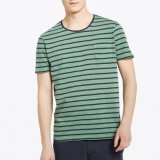 2018 Custom Basic Style Green and Blue Striped Cotton T Shirt Men with Pocket