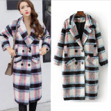Elegant Women Winter Wool Wind Coat Plaid Girl Overcoat with Pockets