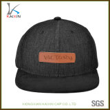 Wholesale Black Plain Denim Hat Leather Patch Cowboy Snapback Cap