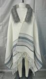 Striped Woven Blanket Scarf with Tipped Faux Fur Collar and Fringe