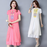 Chinese Style Women Vintage Embroidery Loose Linen Dress