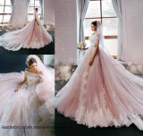 Short Sleeves Bridal Dresses Pink Lace Tulle Wedding Ball Gown ND06