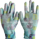 Flower Printed Polyester Gardening Glove with PU Palm Coated
