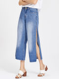 Faded Wash Split Culotte Wide Leg Women Jeans