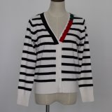 Ladies' Striped Cardigan with Colorful Double Layer Placket and Long Sleeves