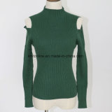 Lady Ribbed Stretch Sweater with Dew Shoulder and Long Sleeves Mock Neck