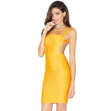 Square Neck New Women Bandage Dress Sexy Yellow Spaghetti Strap Sleeveless Mini Evening Party Dress Vestidos