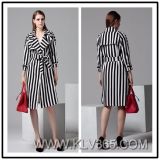 High Quality Clothing Women Lady Striped Slim Long Coat with Belt