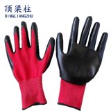 13G Polyester Red Liner Black Nitrile Palm Coated Gloves