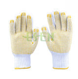 Natural White Cotton Worked Gloves with Blue PVC Yellow Dots