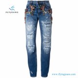 Women Denim Jeans with Embellished Ripped Rhinestone