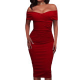 Fashion Women Ladies Red Ruched off Shoulder Prom Evening Dress