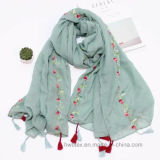 Elegant Plain Color Thin Cotton Lady Scarf with Embroidery (Hz13)