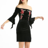 Fashion Women Velvet Embroidery off Shoulder Flare Sleeve Clothes Dress